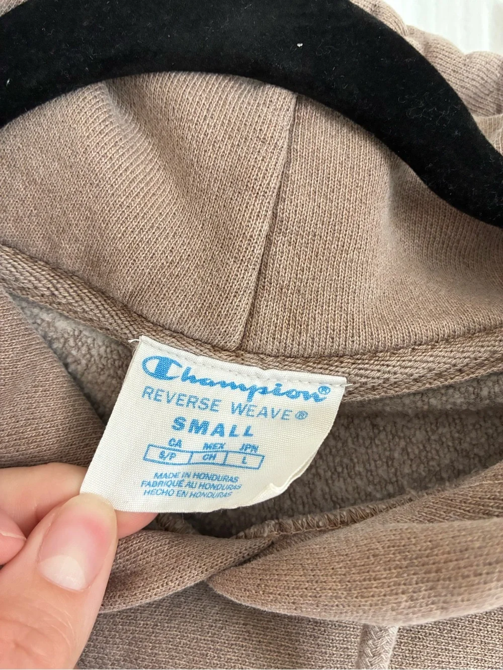 Champion Reverse Weave drawstring Hoodie in Taupe with embroidered chest logo S